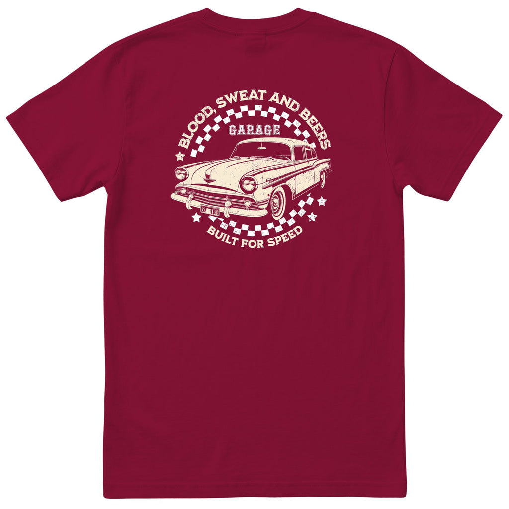 Built for Speed garage tee burgundy back