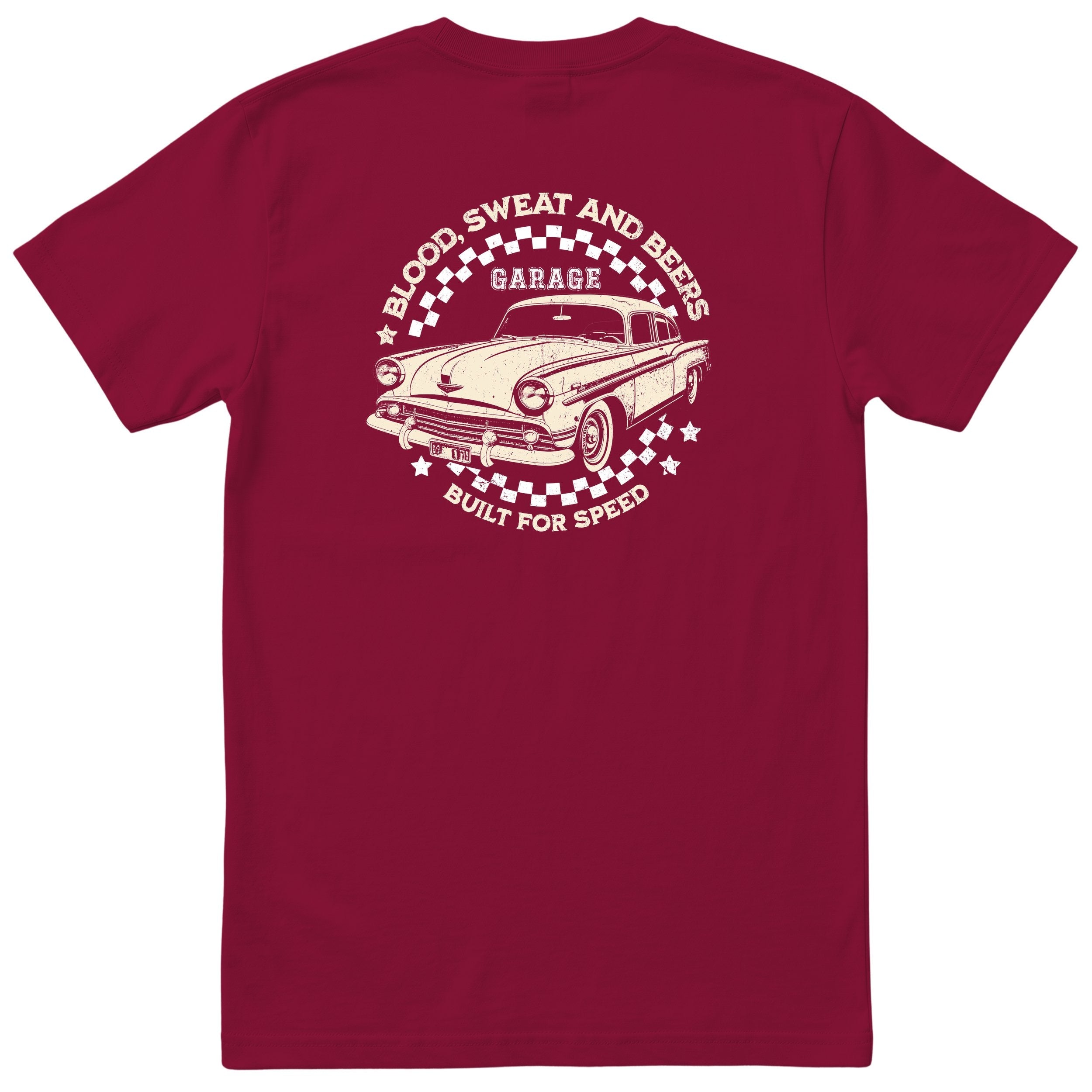 Built for Speed garage tee burgundy back