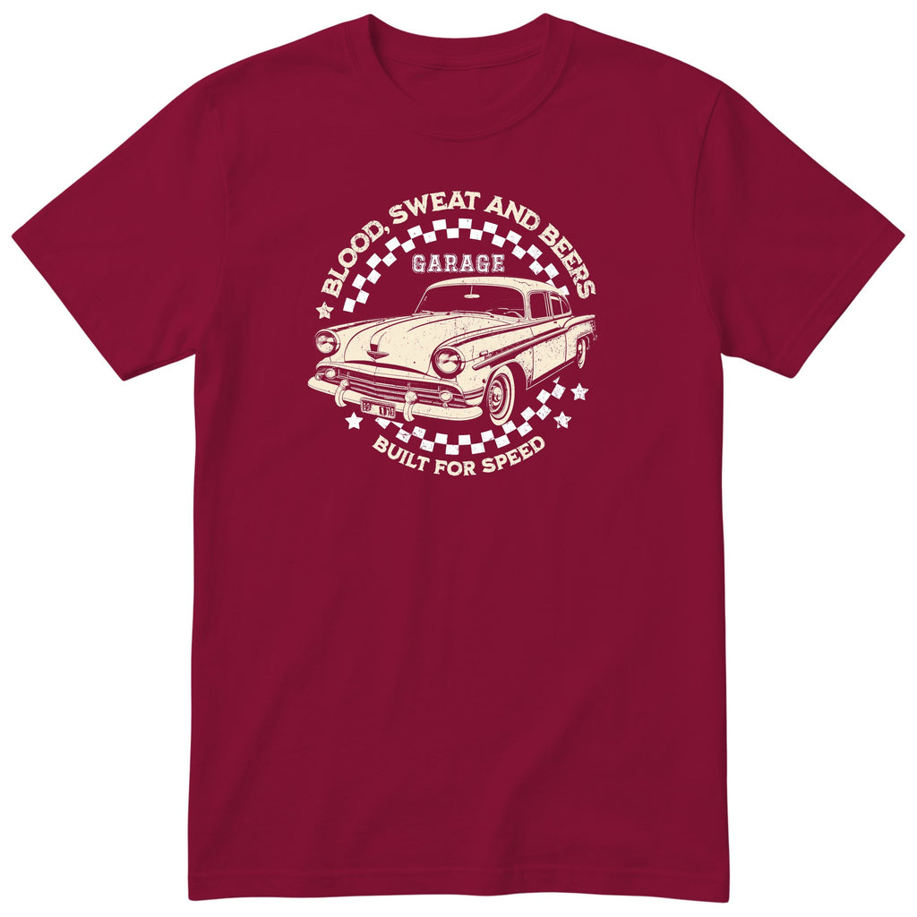 Built for Speed garage tee burgundy front