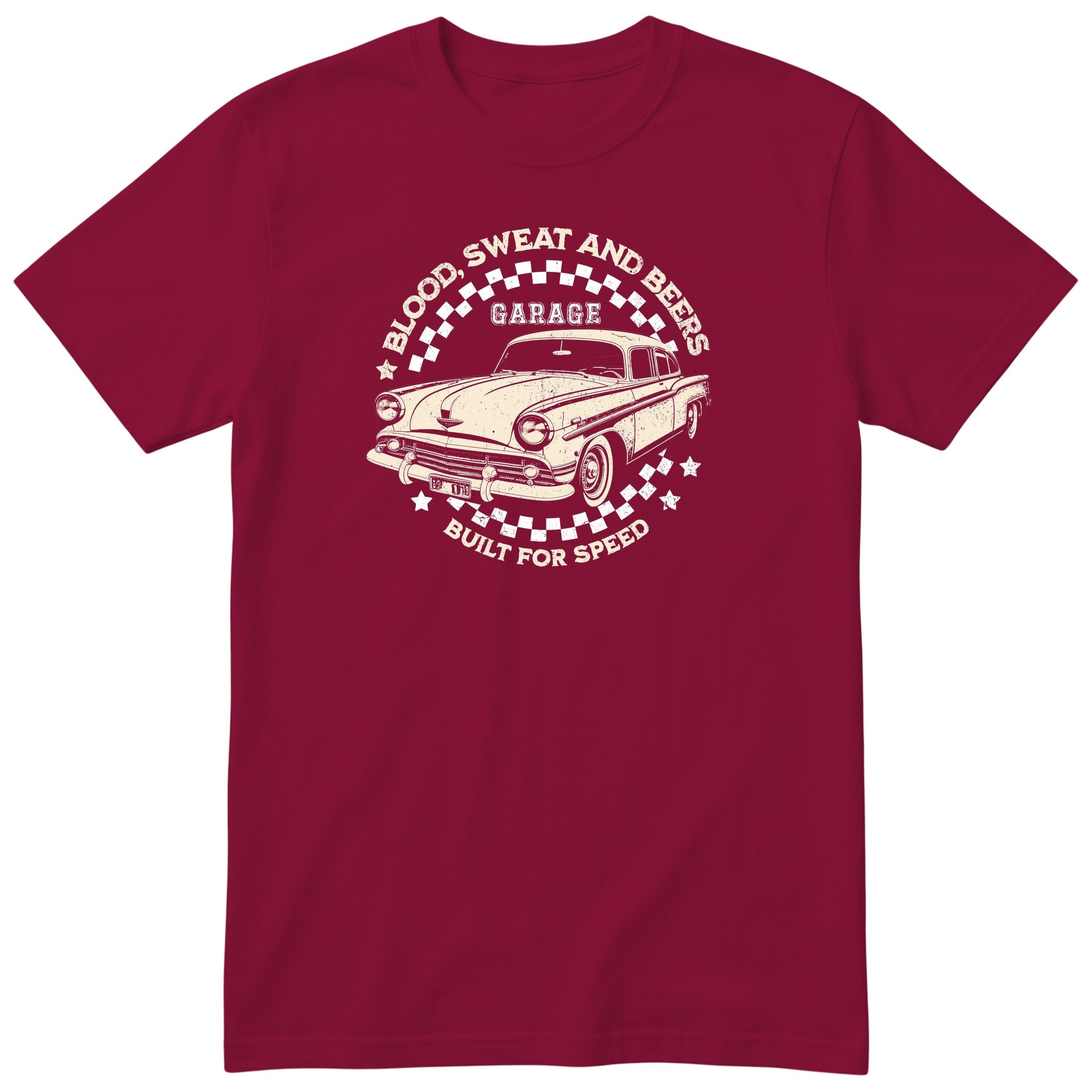 Built for Speed garage tee burgundy front