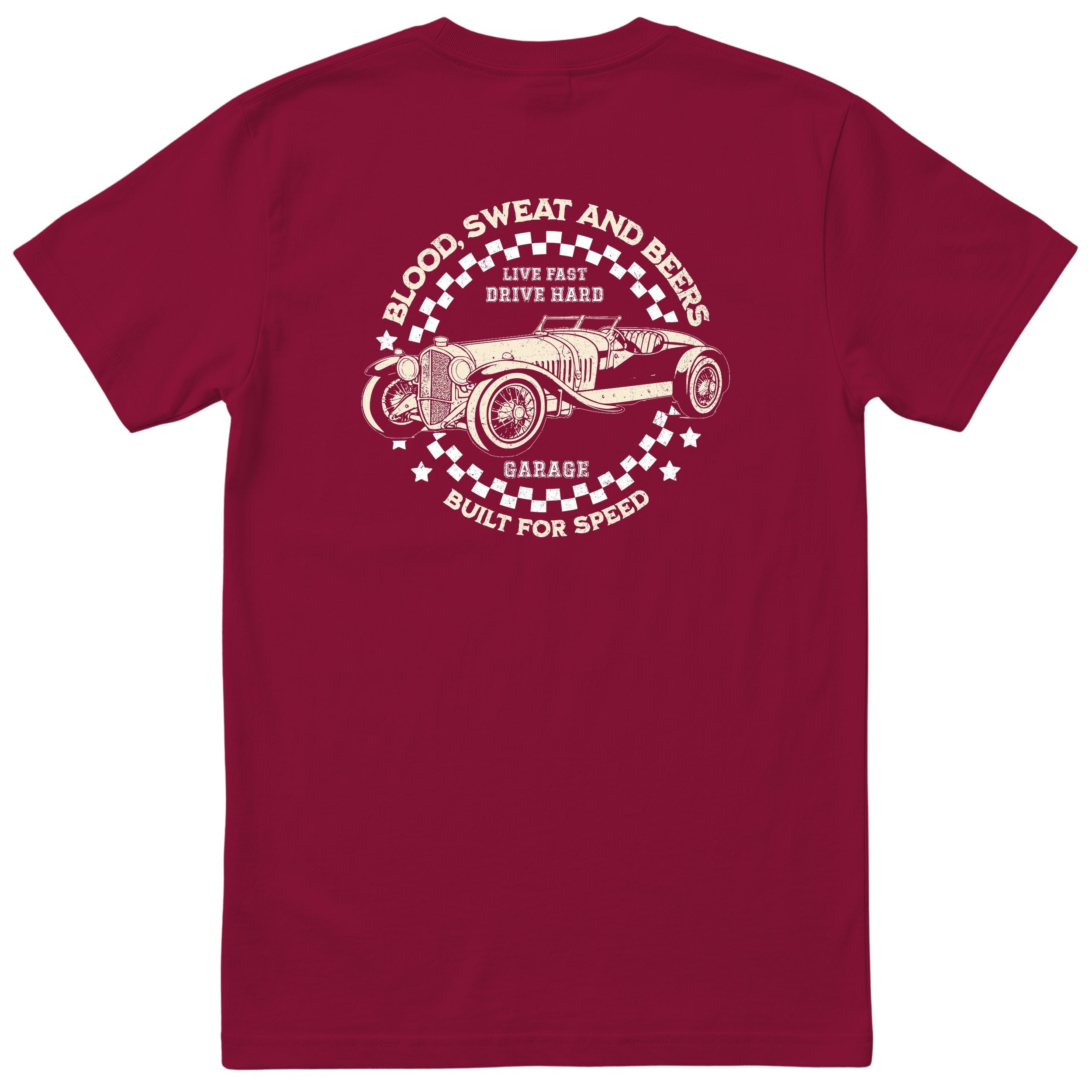 Live Fast Drive Hard garage tee burgundy back