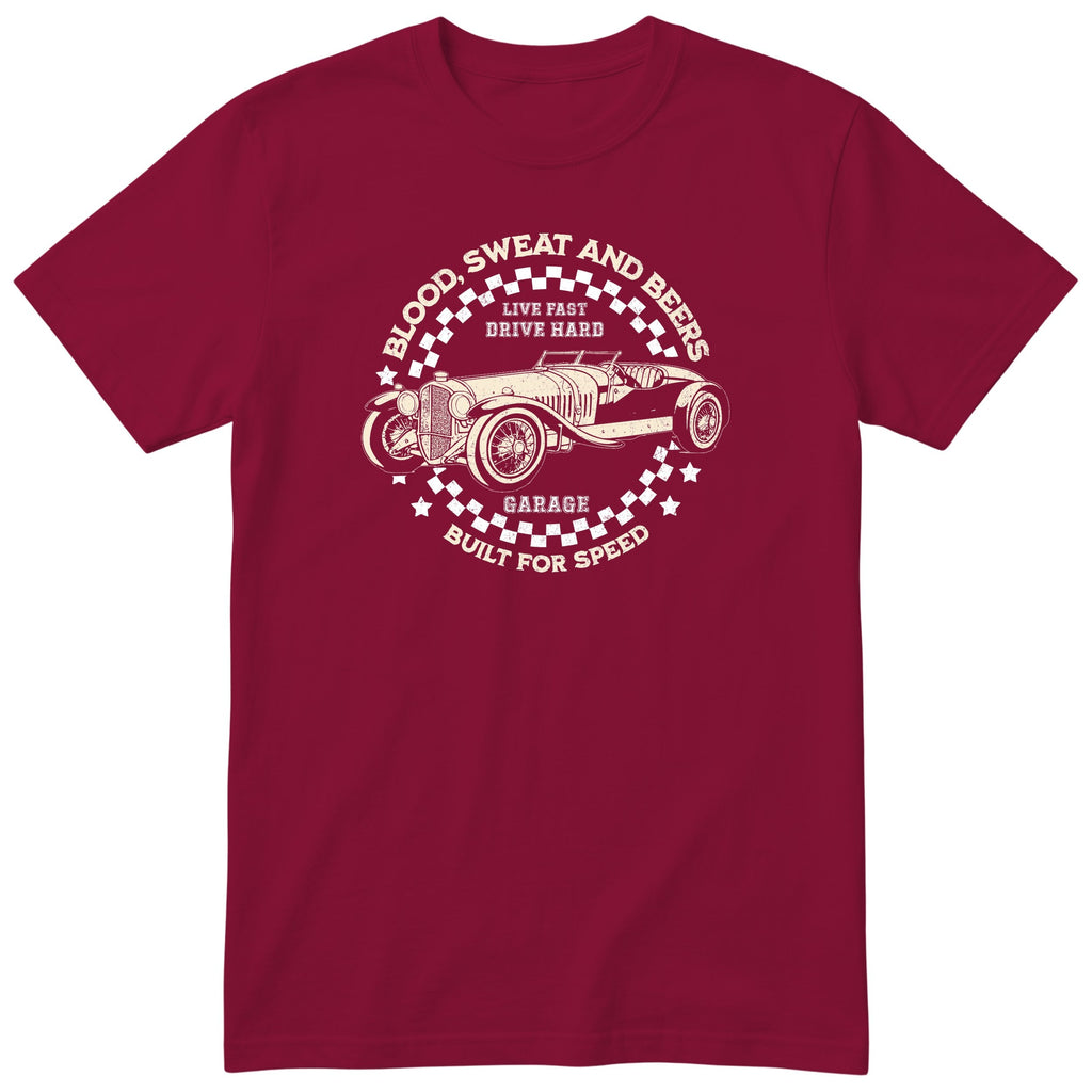 Live Fast Drive Hard garage tee burgundy front