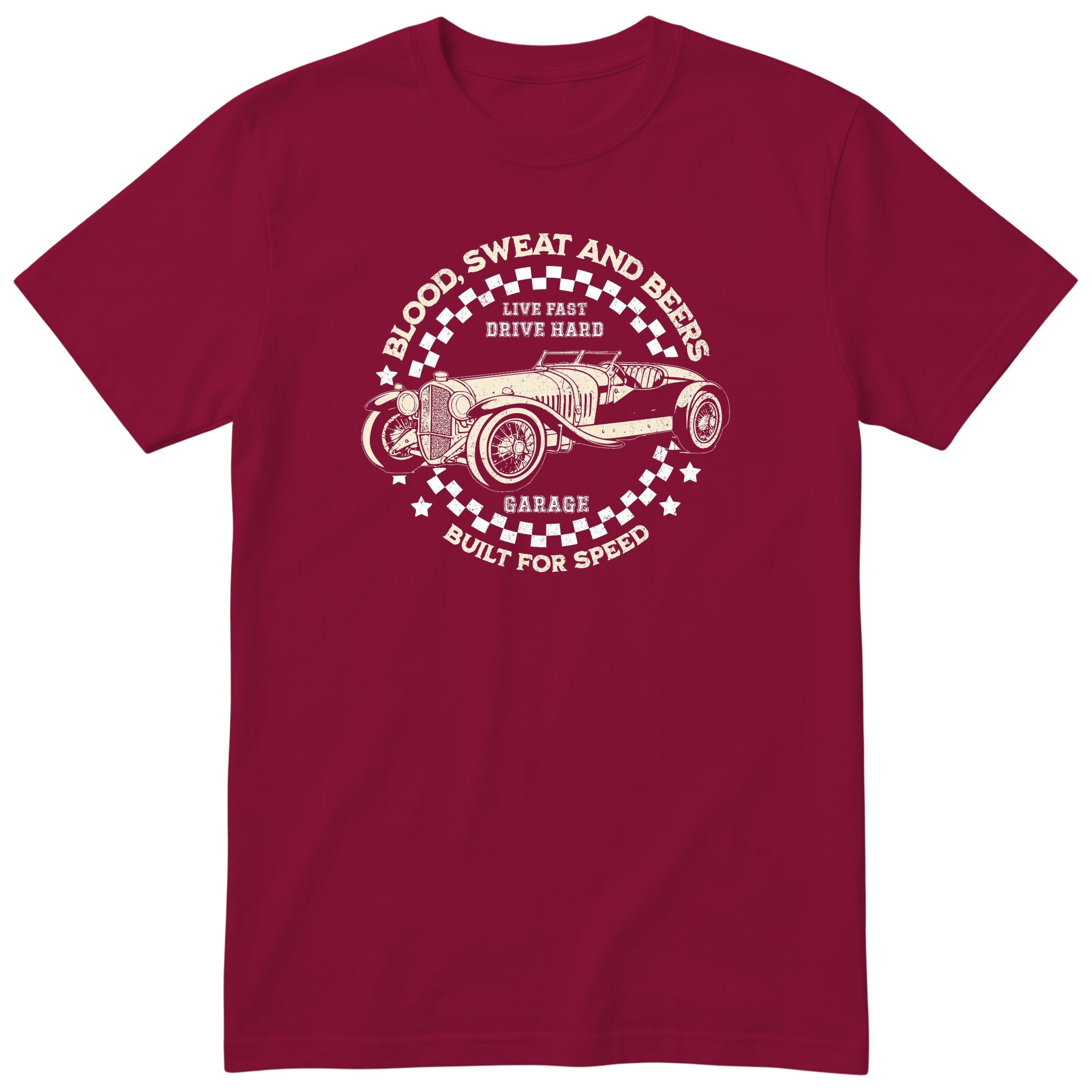 Live Fast Drive Hard garage tee burgundy front