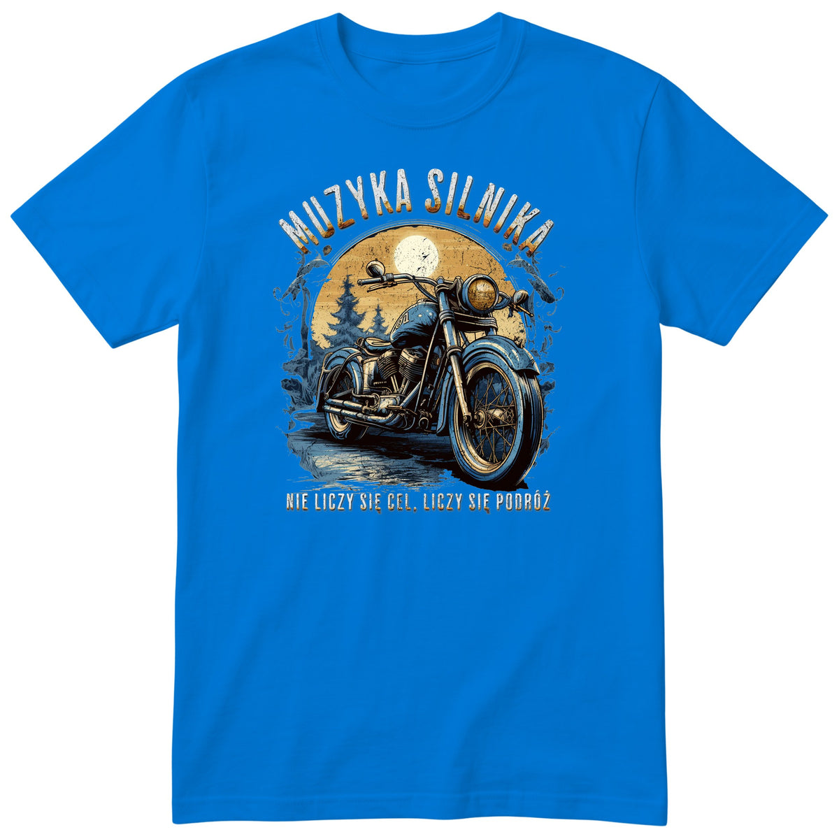 Niebieska koszulka motocyklowa „Muzyka Silnika” - niebieski motocykl vintage na leśnej drodze pod pełnią księżyca, polski nadruk