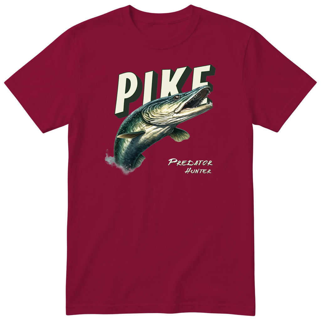 Pike Predator Hunter T-Shirt | Fishing Gift for Him Angler Tee - Burgundy