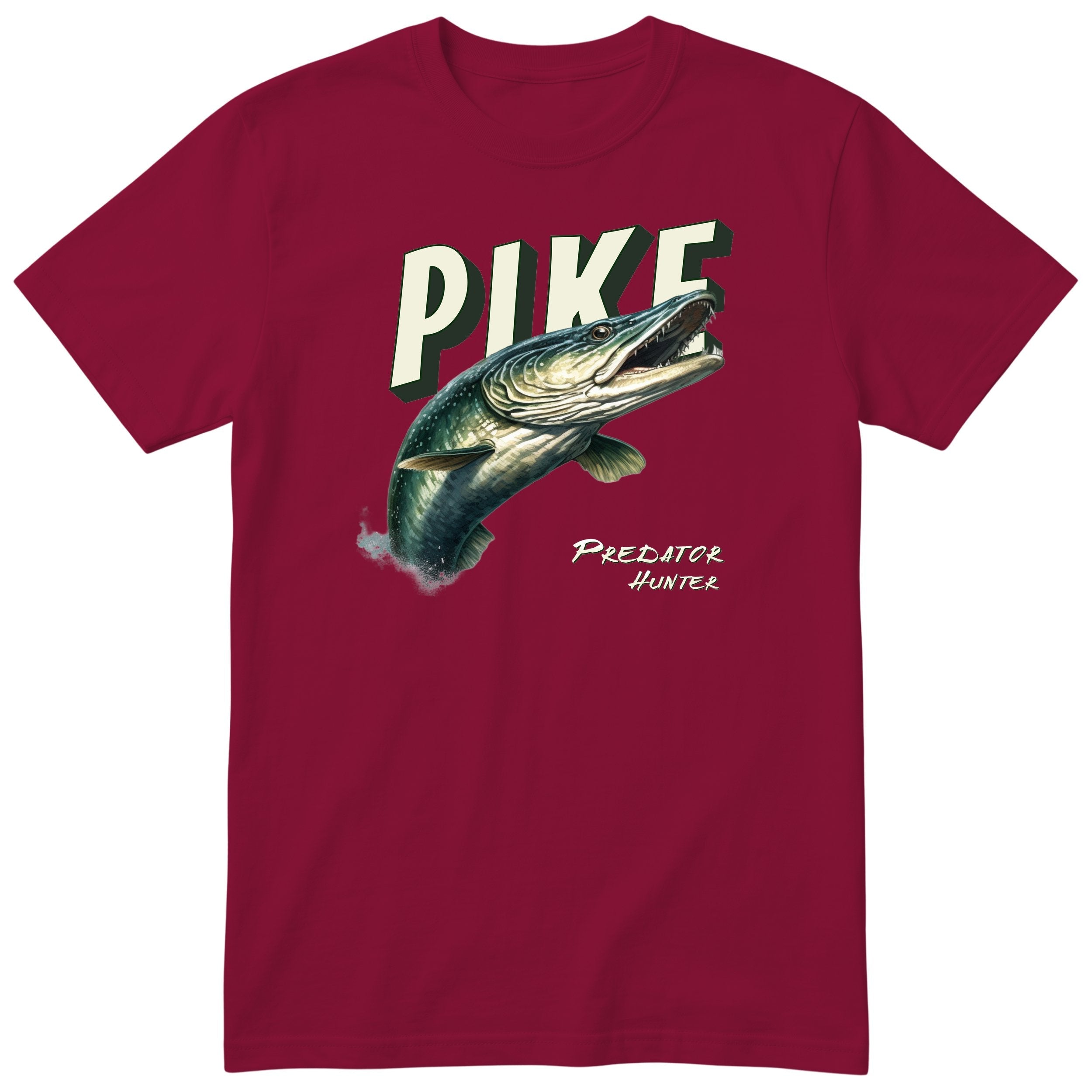 Pike Predator Hunter T-Shirt | Fishing Gift for Him Angler Tee - Burgundy