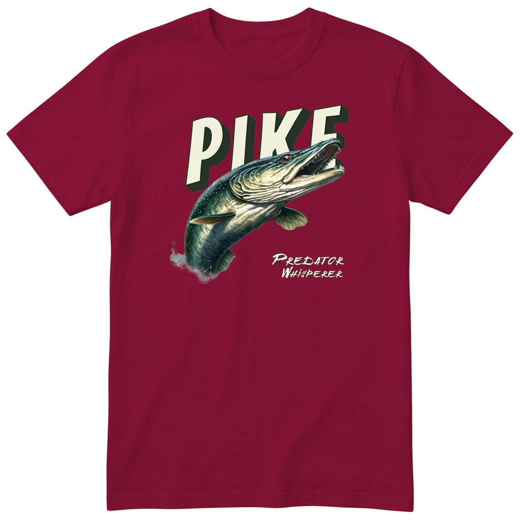 Pike Fishing T-Shirt - Predator Whisperer Angler Gift Tee - Burgundy