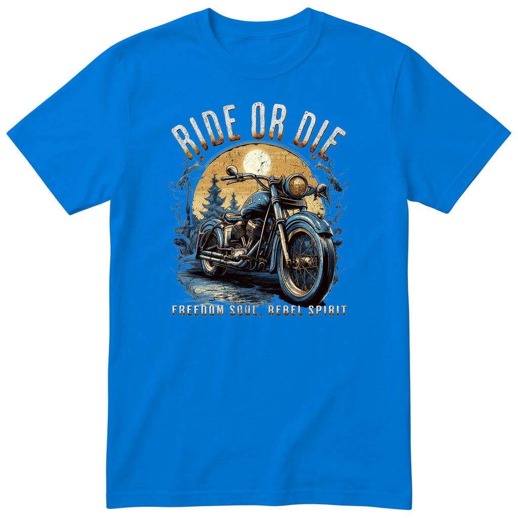 Royal Blue Ride or Die motorcycle t-shirt - blue vintage motorcycle on a wet forest road under a full moon, gift for a biker