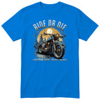Royal Blue Ride or Die motorcycle t-shirt - blue vintage motorcycle on a wet forest road under a full moon, gift for a biker