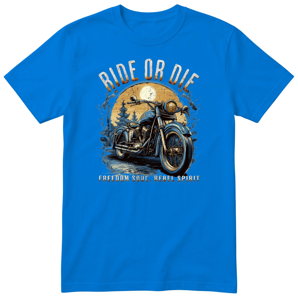 Royal Blue Ride or Die motorcycle t-shirt - blue vintage motorcycle on a wet forest road under a full moon, gift for a biker