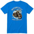 Royal Blue Motorcycle Road Lifestyle Freedom motorcycle t-shirt - side view of a vintage motorcycle on an ice-blue splash with sparkles, gift for a biker