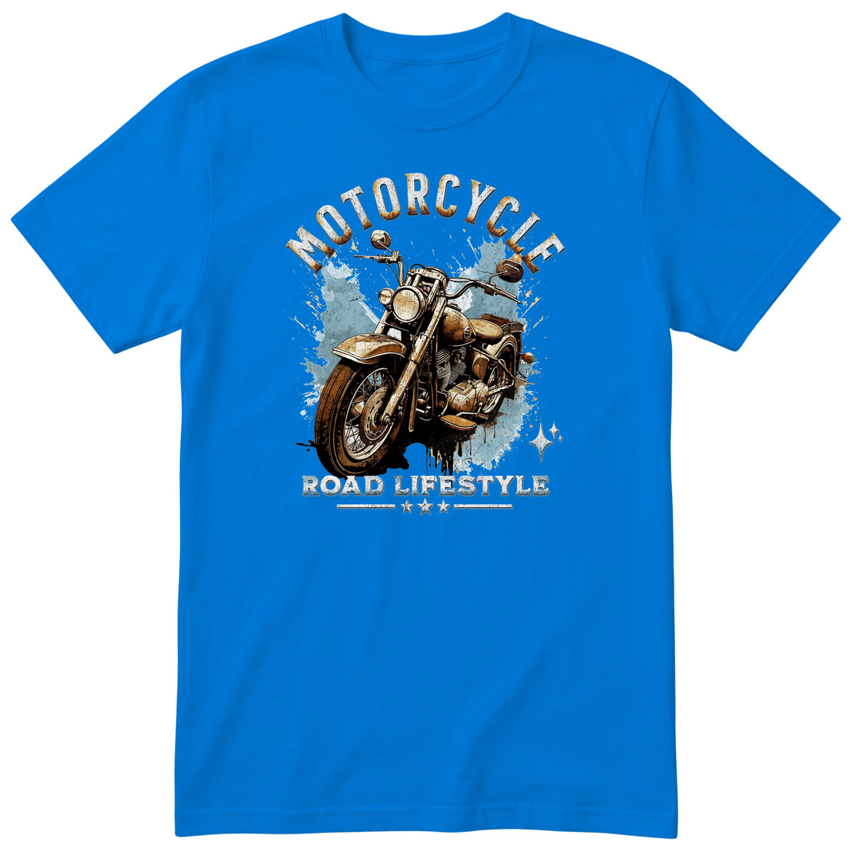 Royal Blue Motorcycle Road Lifestyle Iron Horse motorcycle t-shirt - front view of a rusty brown motorcycle on a light blue paint splash, gift for a biker