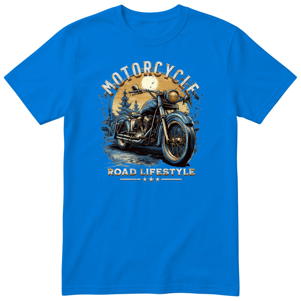Royal Blue Motorcycle Road Lifestyle Moonlight motorcycle t-shirt - blue vintage motorcycle under the moon in a dark pine forest, gift for a biker