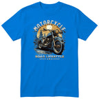 Royal Blue Motorcycle Road Lifestyle Moonlight motorcycle t-shirt - blue vintage motorcycle under the moon in a dark pine forest, gift for a biker