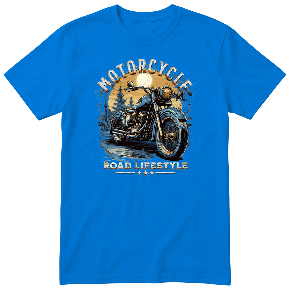 Royal Blue Motorcycle Road Lifestyle Moonlight motorcycle t-shirt - blue vintage motorcycle under the moon in a dark pine forest, gift for a biker