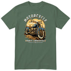 Olive Motorcycle Road Lifestyle Sunset motorcycle t-shirt - vintage motorcycle on a forest dirt road at golden sunset, gift for a biker