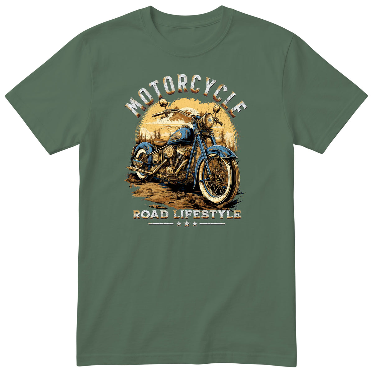 Olive Motorcycle Road Lifestyle Sunset motorcycle t-shirt - vintage motorcycle on a forest dirt road at golden sunset, gift for a biker