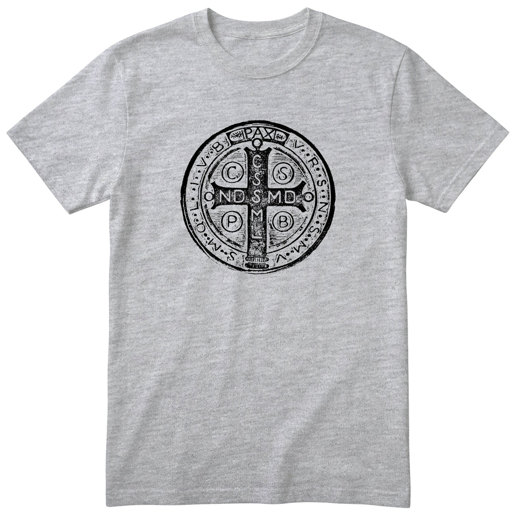 Saint Benedict Medal T-Shirt - Catholic Faith Gift - Heather Grey