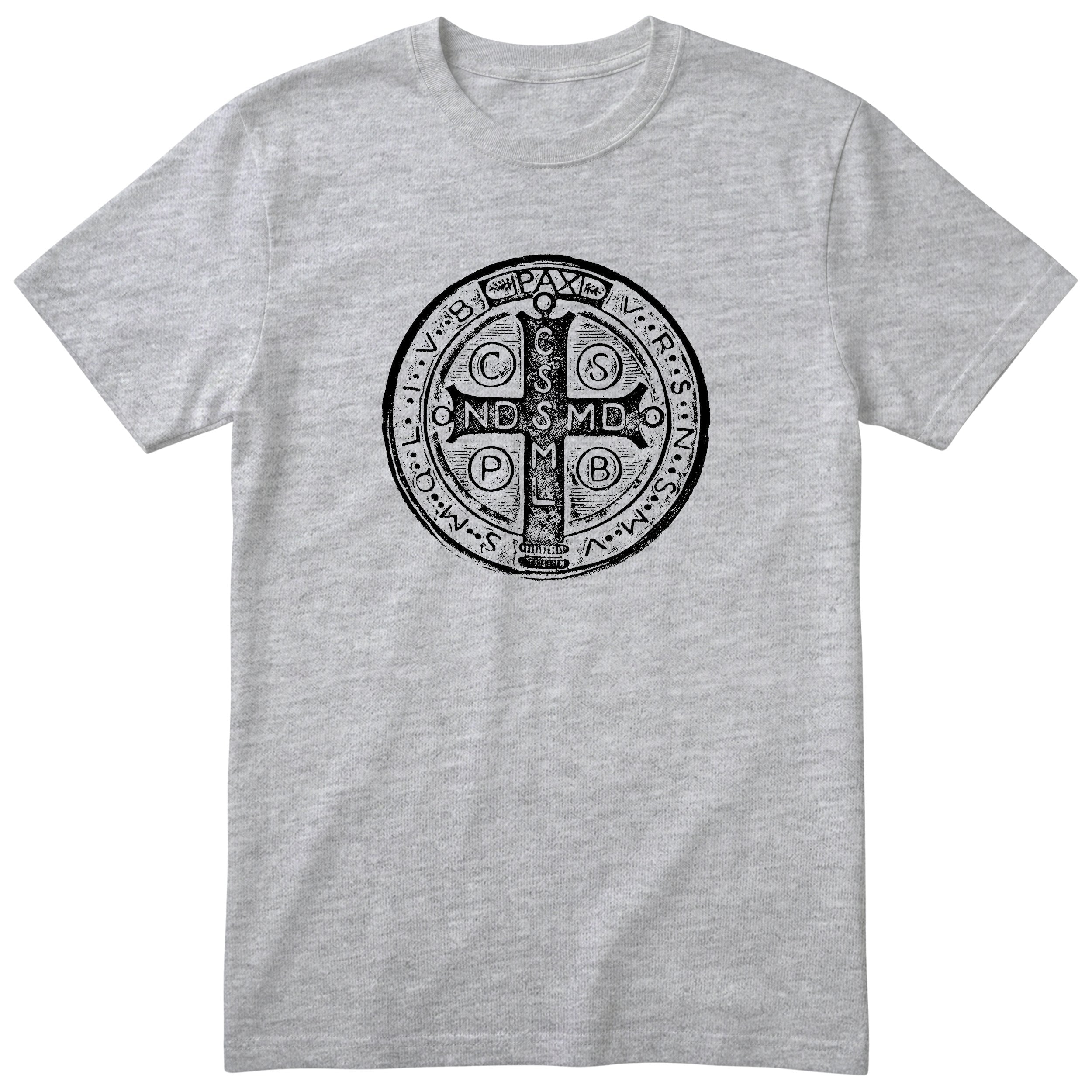 Saint Benedict Medal T-Shirt - Catholic Faith Gift - Heather Grey