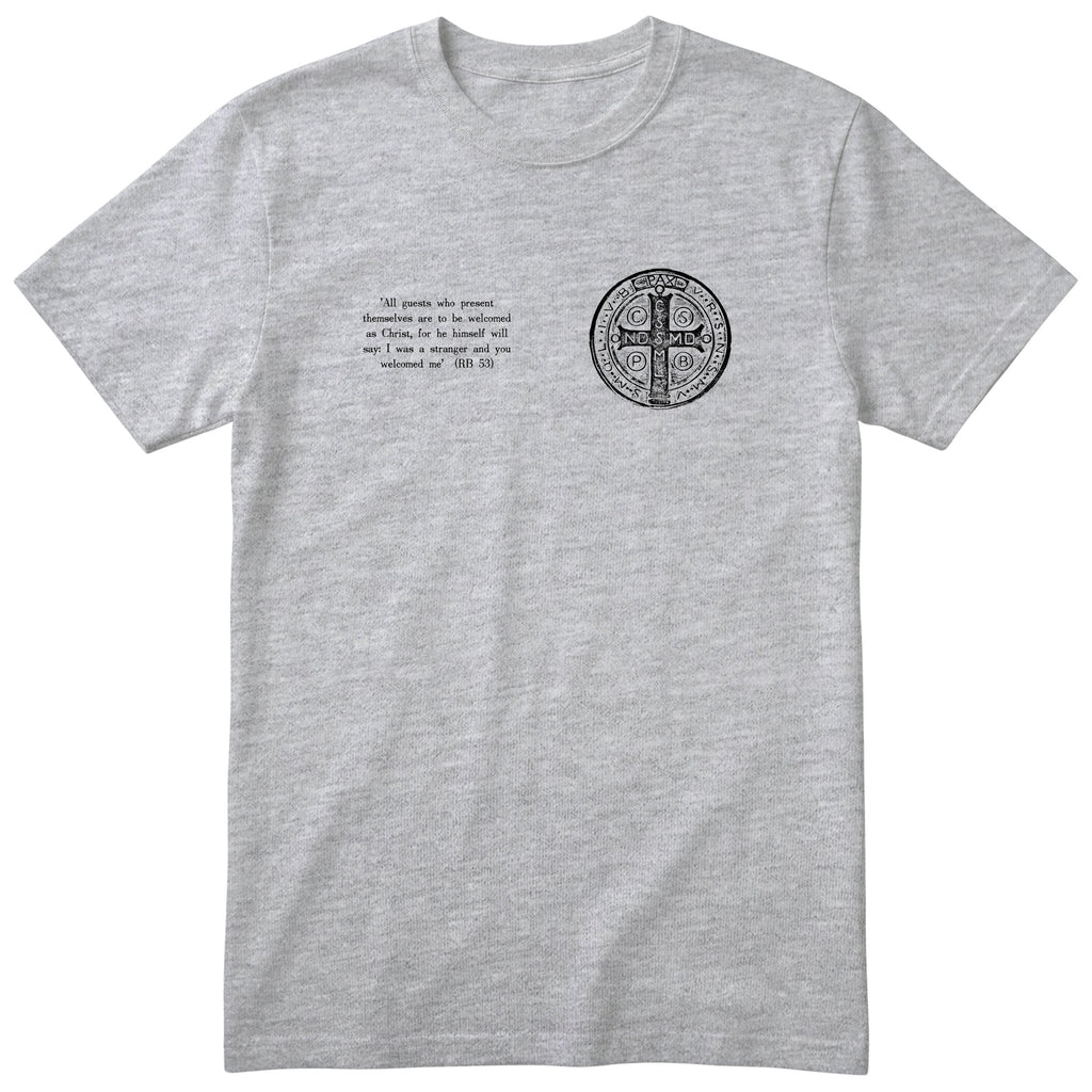 Saint Benedict RB 53 Quote T-Shirt - Catholic Hospitality Tee Unisex - Heather Grey