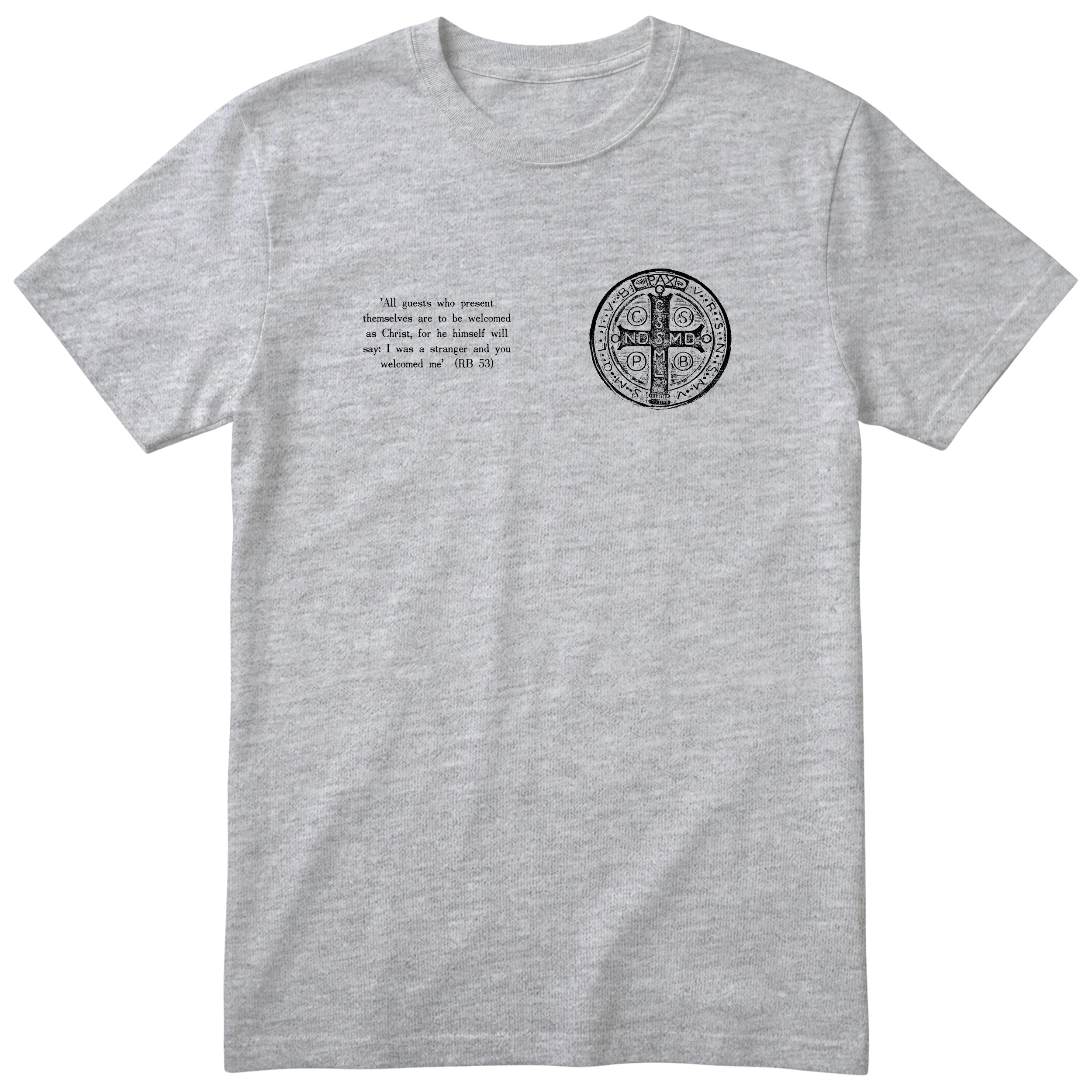 Saint Benedict RB 53 Quote T-Shirt - Catholic Hospitality Tee Unisex - Heather Grey
