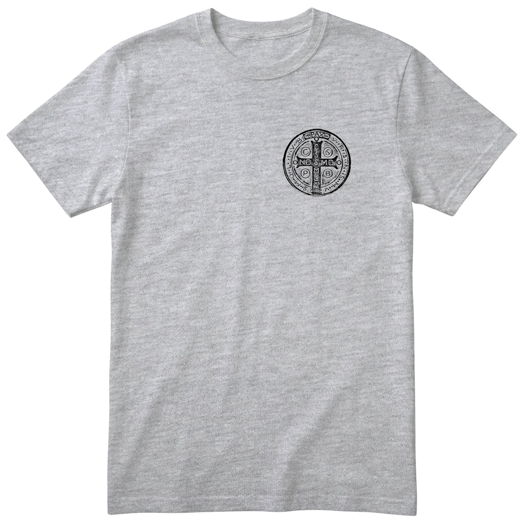 Saint Benedict Medal T-Shirt - Catholic Faith Tee Unisex - Heather Grey