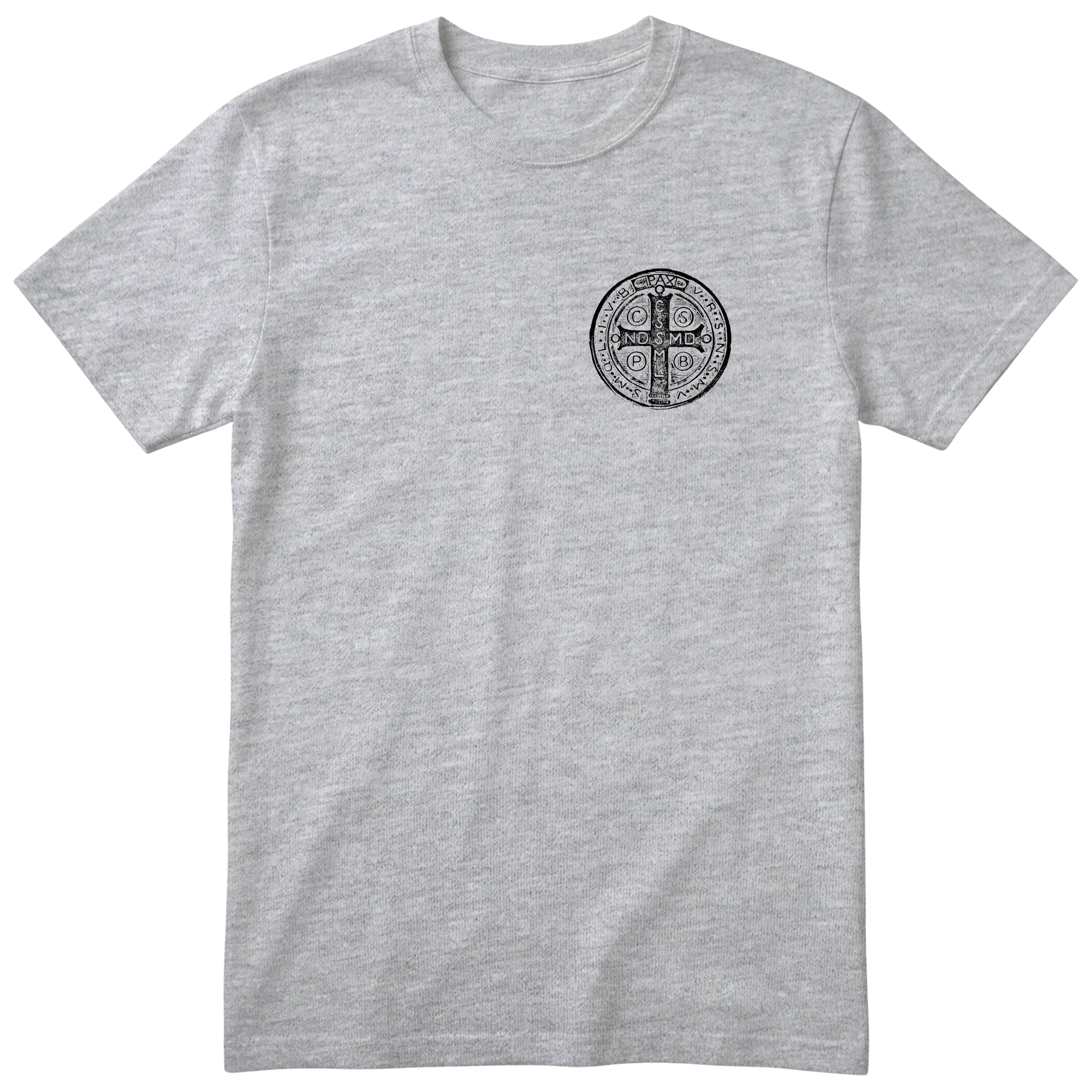 Saint Benedict Medal T-Shirt - Catholic Faith Tee Unisex - Heather Grey