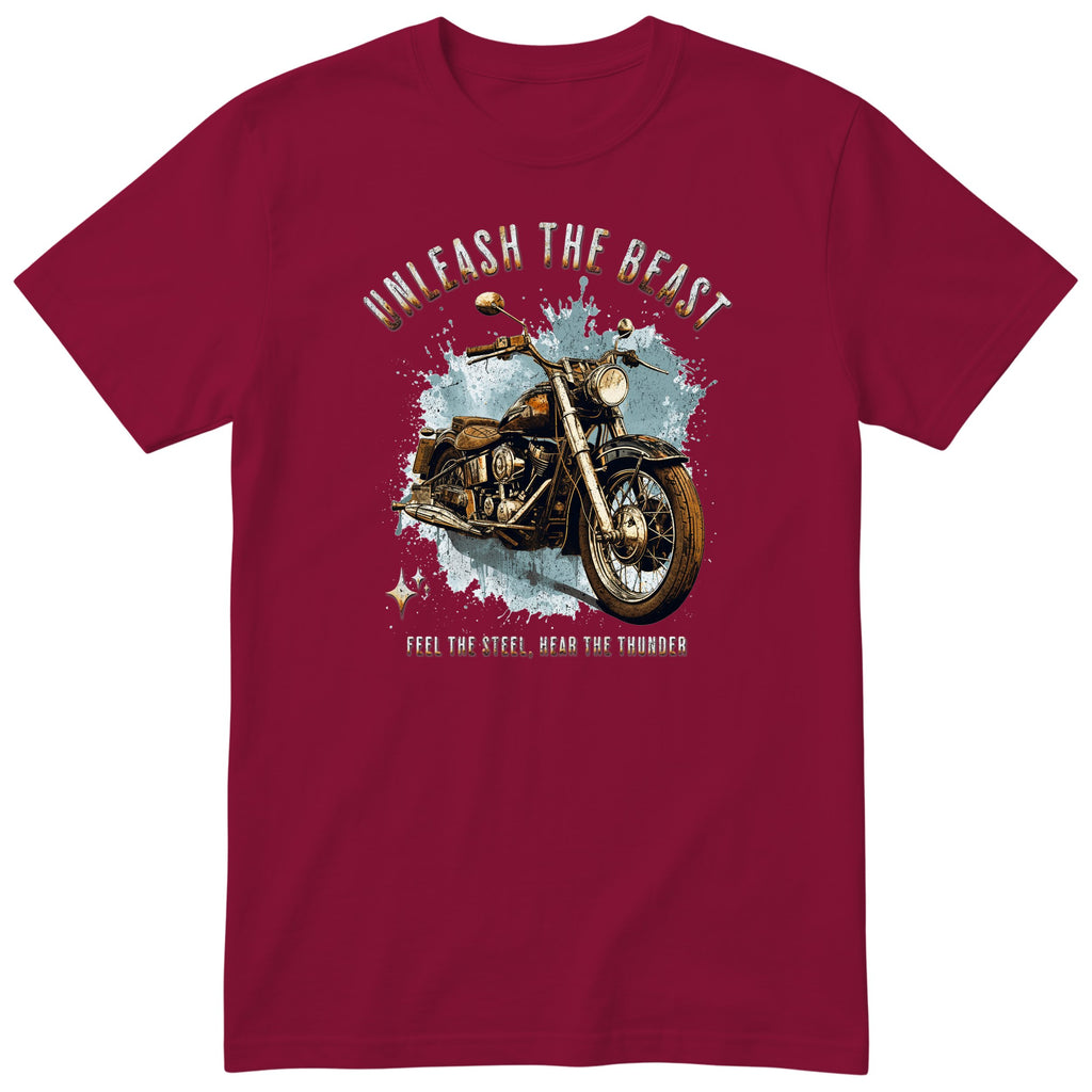 Burgundy Unleash the Beast motorcycle t-shirt - heavy vintage motorcycle on an ice-blue splash with sparkles, gift for a biker