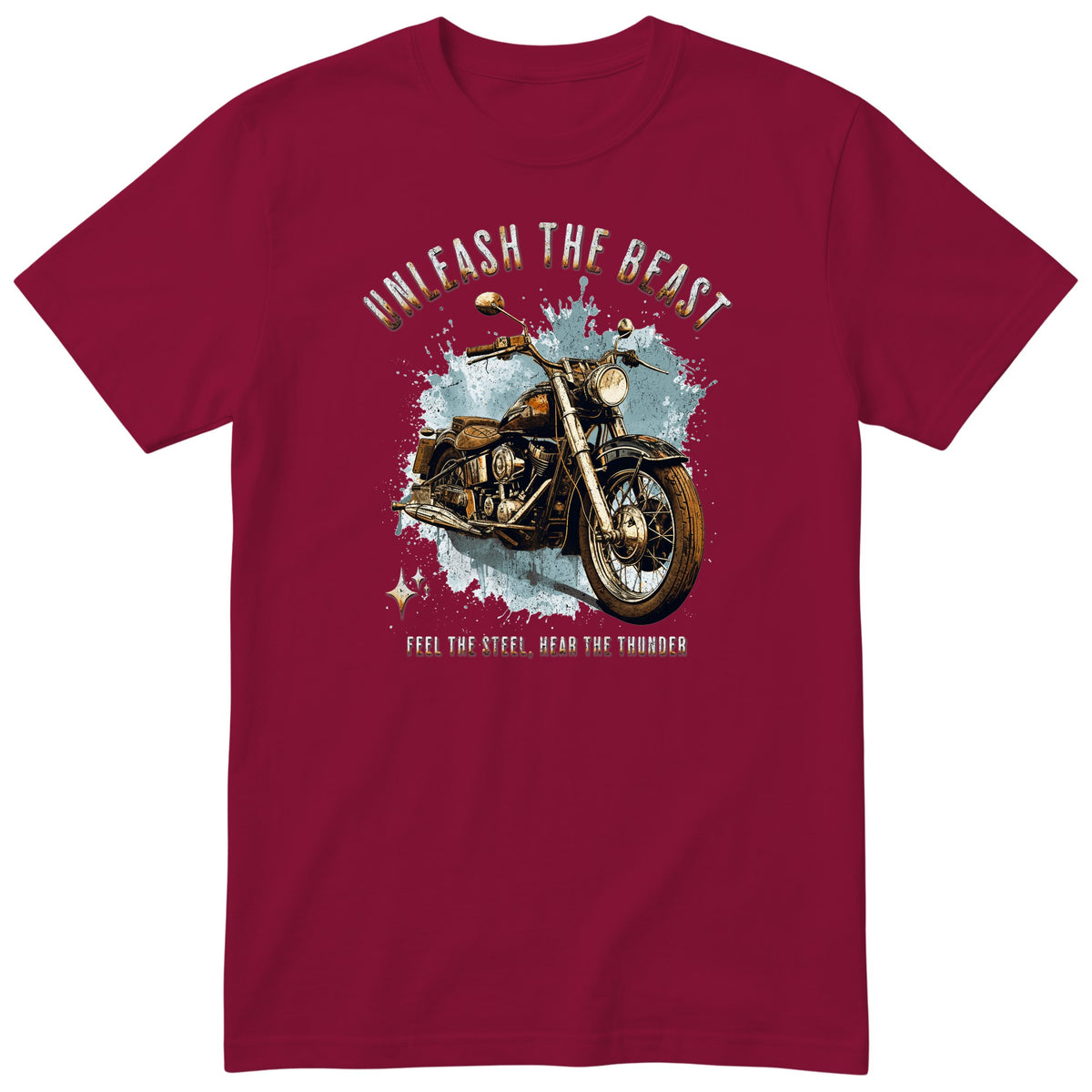 Burgundy Unleash the Beast motorcycle t-shirt - heavy vintage motorcycle on an ice-blue splash with sparkles, gift for a biker