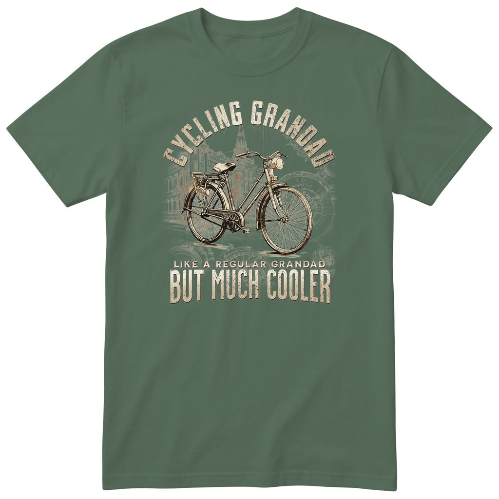 Olive Vintage Bike Cycling Grandad Shirt t-shirt - old town bike with a front lamp and a rear rack, warm sepia tones, gift for grandad