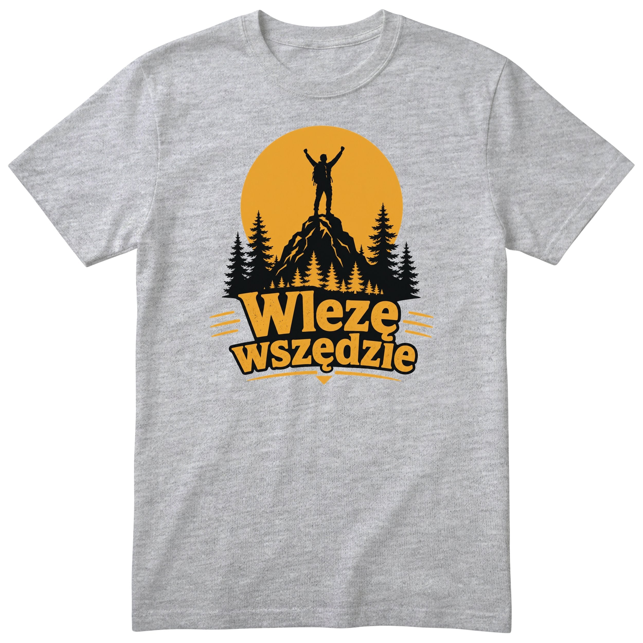 Koszulka "Wlezę Wszędzie" - szary t-shirt z żółtym nadrukiem dla miłośnika gór