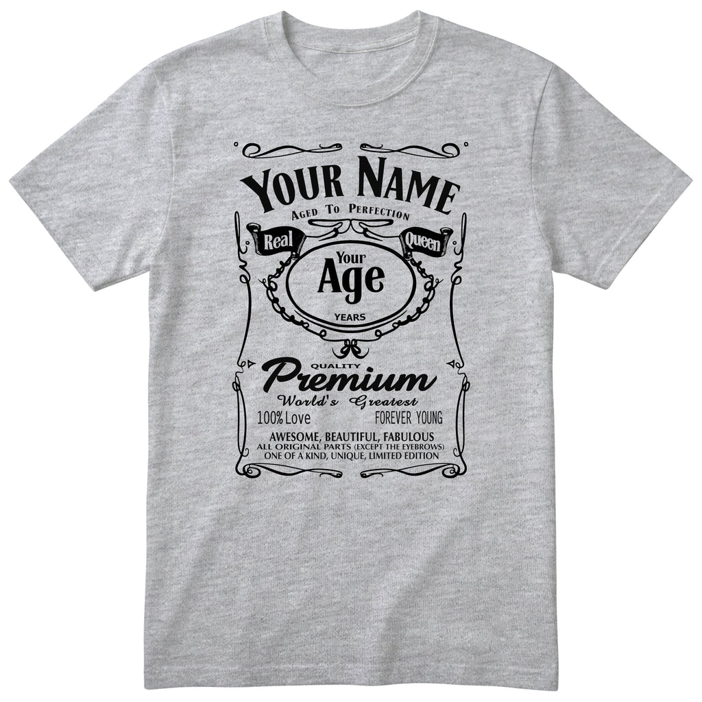 Heather Grey unisex T-shirt with personalised Real Queen name and age retro label printed on the front