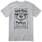 Heather Grey unisex T-shirt with personalised Real Queen name and age retro label printed on the front