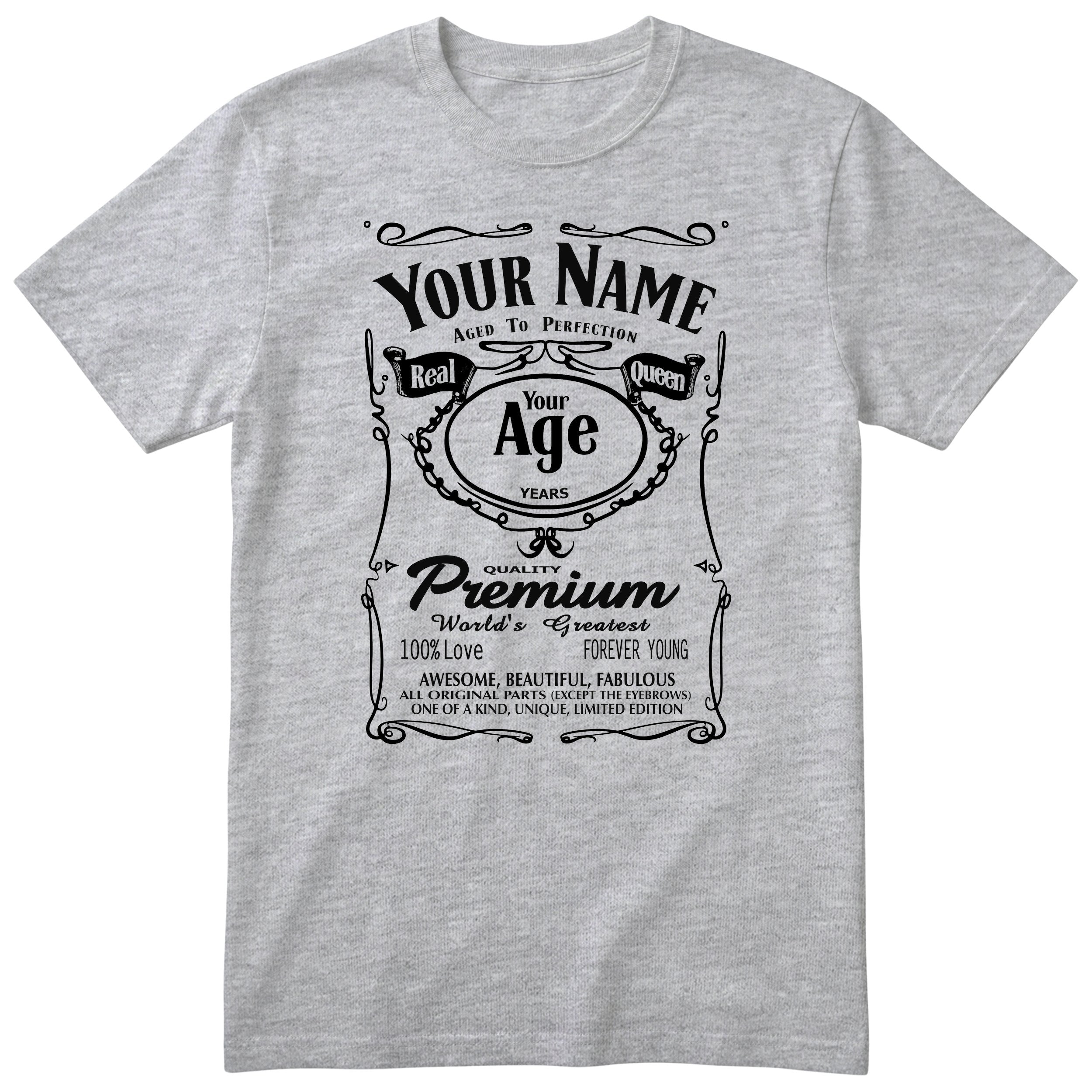 Heather Grey unisex T-shirt with personalised Real Queen name and age retro label printed on the front