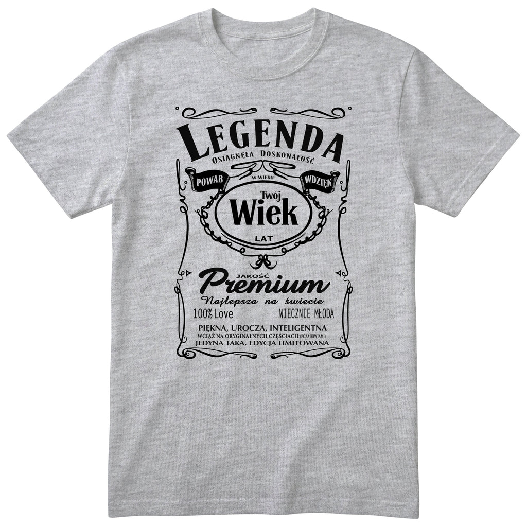 Szara personalizowana koszulka „Legenda Powab Wdzięk" z dowolnym wiekiem - polski nadruk w stylu ozdobnej etykiety