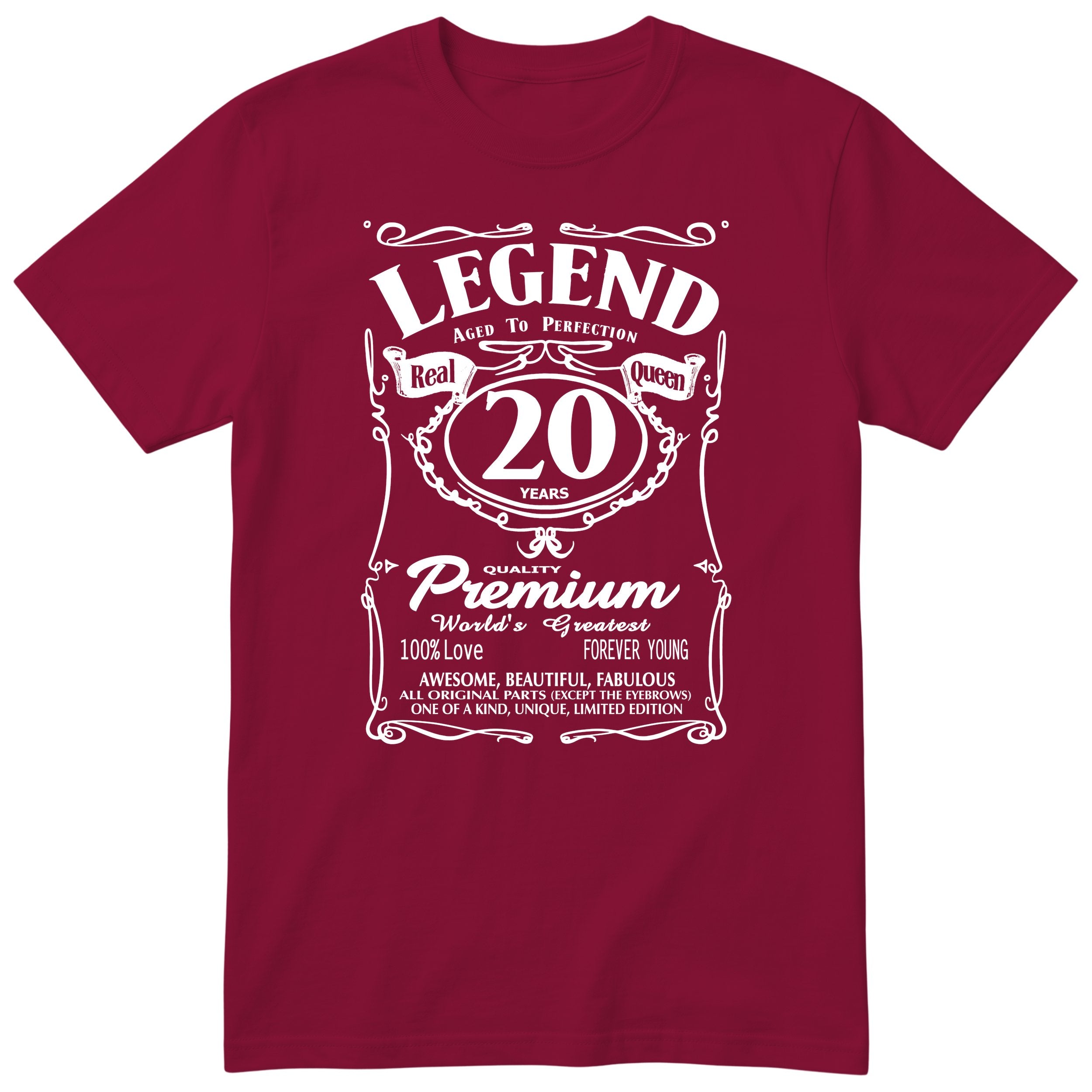 Legend Real Queen 20th birthday t-shirt for women in burgundy - Gildan 64000 vintage label