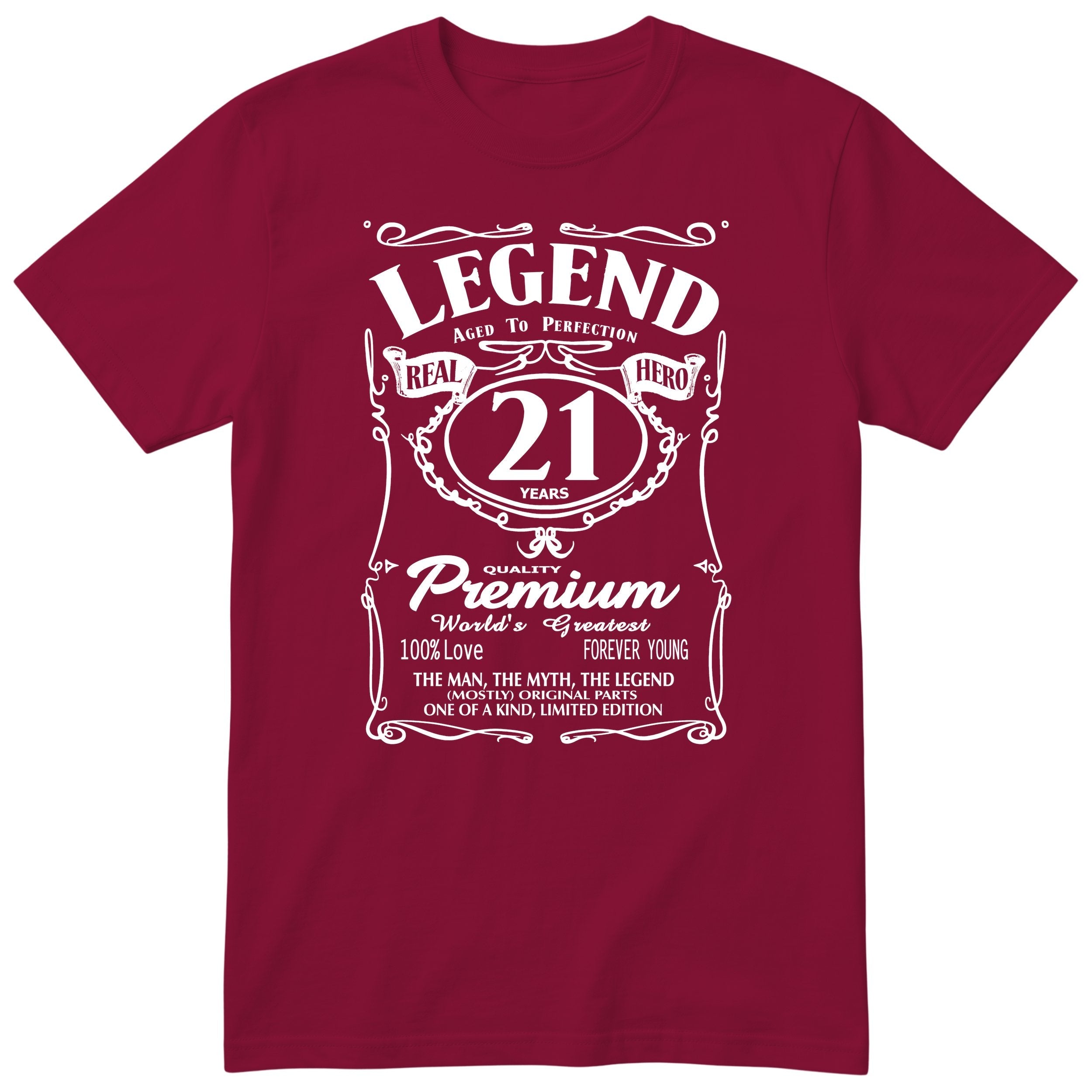 Legend 21st Birthday T-Shirt - Retro Label Gift for Son - Burgundy