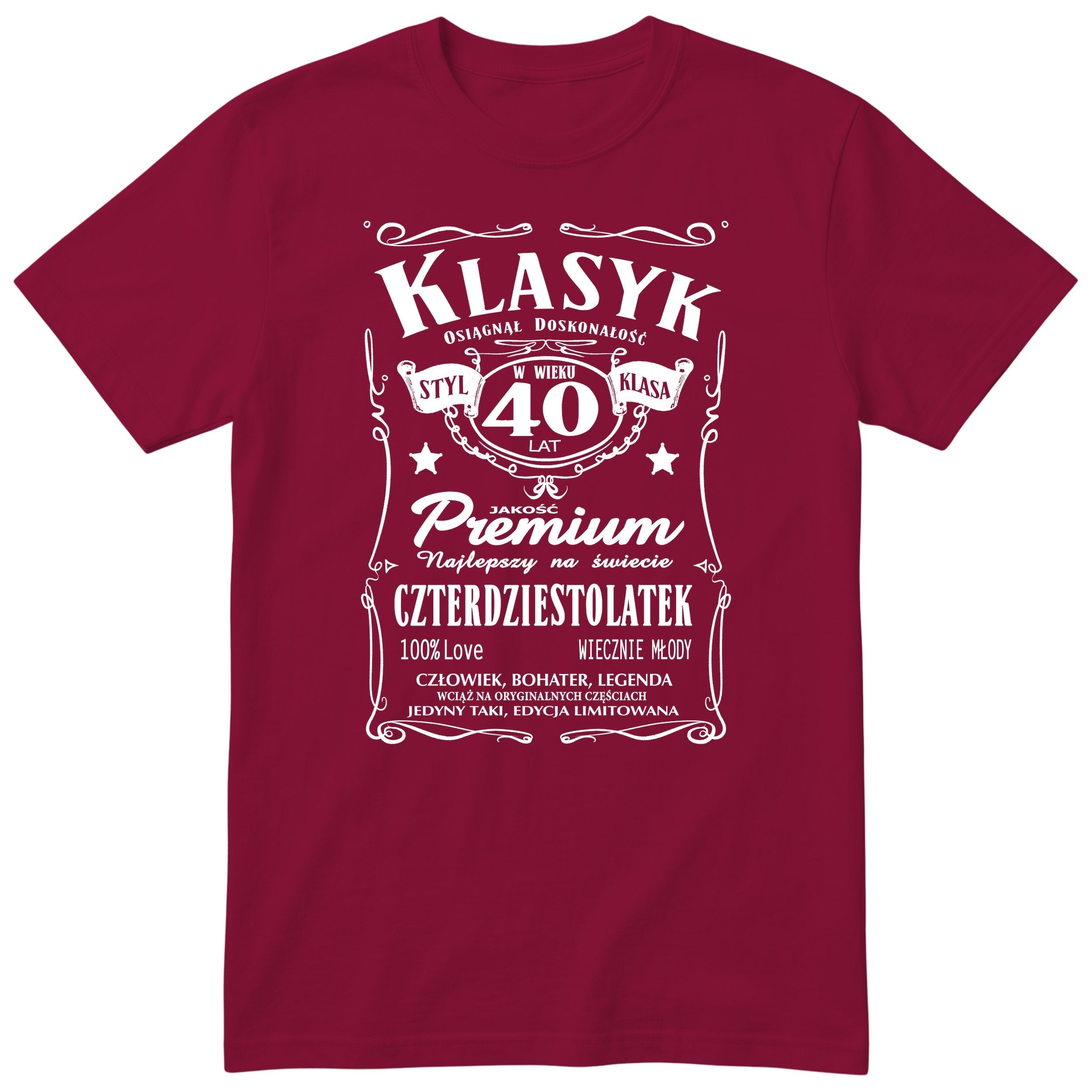 Śmieszna polska koszulka urodzinowa na 40 lat dla mężczyzny - vintage label design Klasyk Człowiek Bohater Legenda