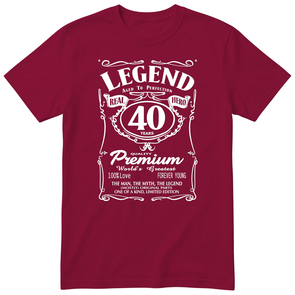 Legend 40th Birthday T-Shirt - Retro Label Gift for Him - Burgundy