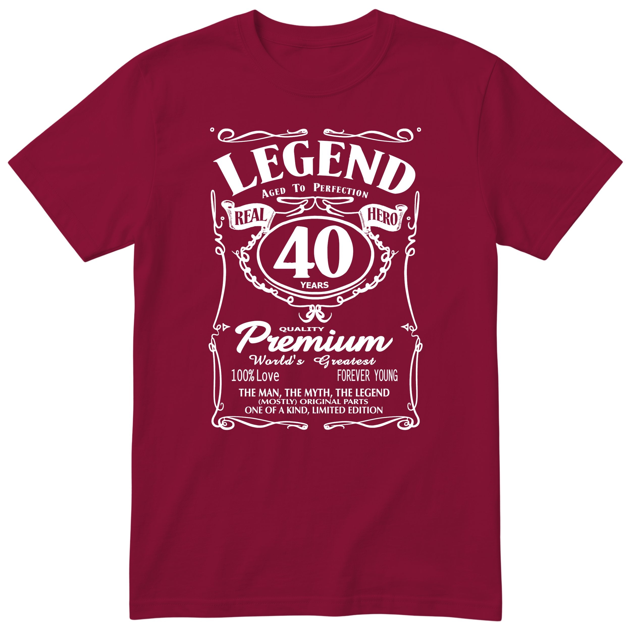Legend 40th Birthday T-Shirt - Retro Label Gift for Him - Burgundy