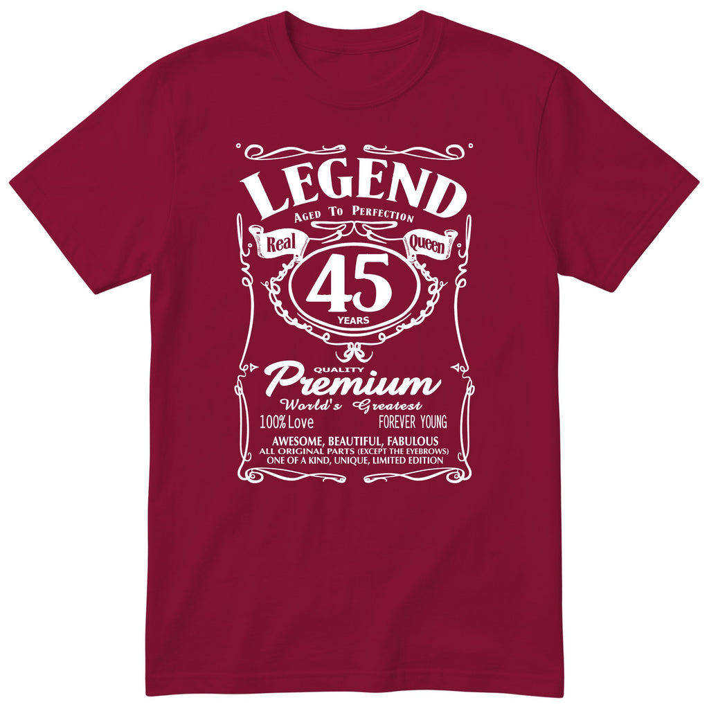 Legend Real Queen 45th birthday t-shirt for women in burgundy - Gildan 64000 vintage label