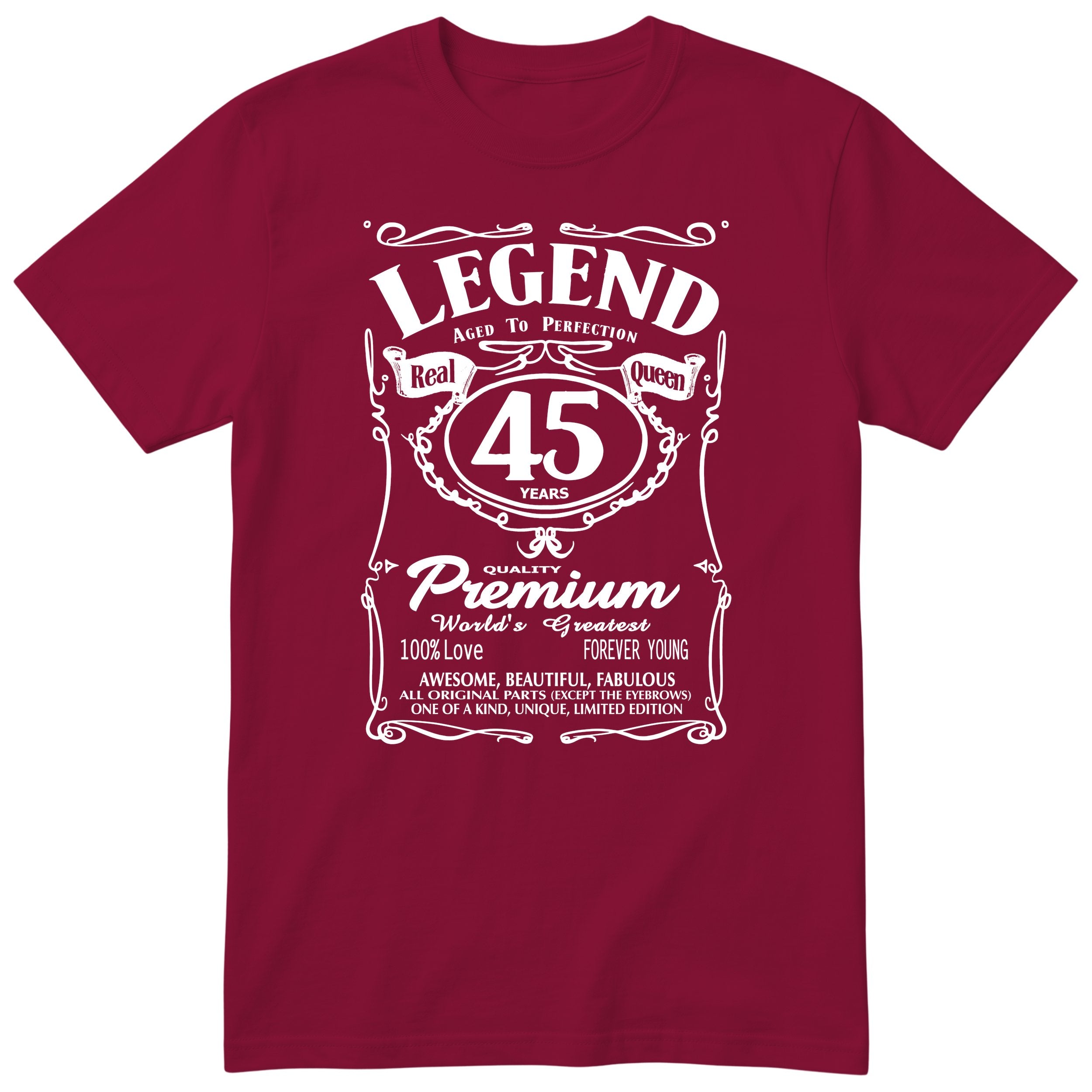 Legend Real Queen 45th birthday t-shirt for women in burgundy - Gildan 64000 vintage label