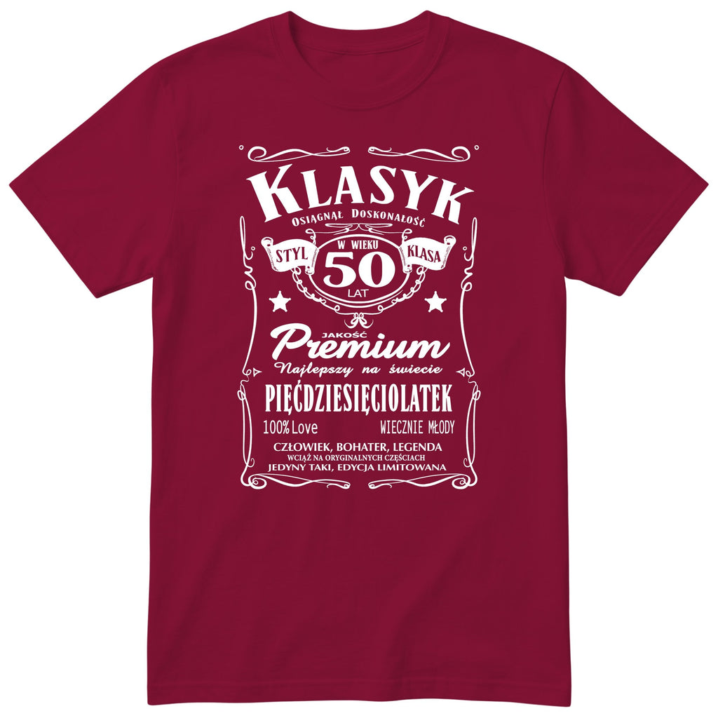 Śmieszna polska koszulka urodzinowa na 50 lat dla mężczyzny - vintage label design Klasyk Człowiek Bohater Legenda
