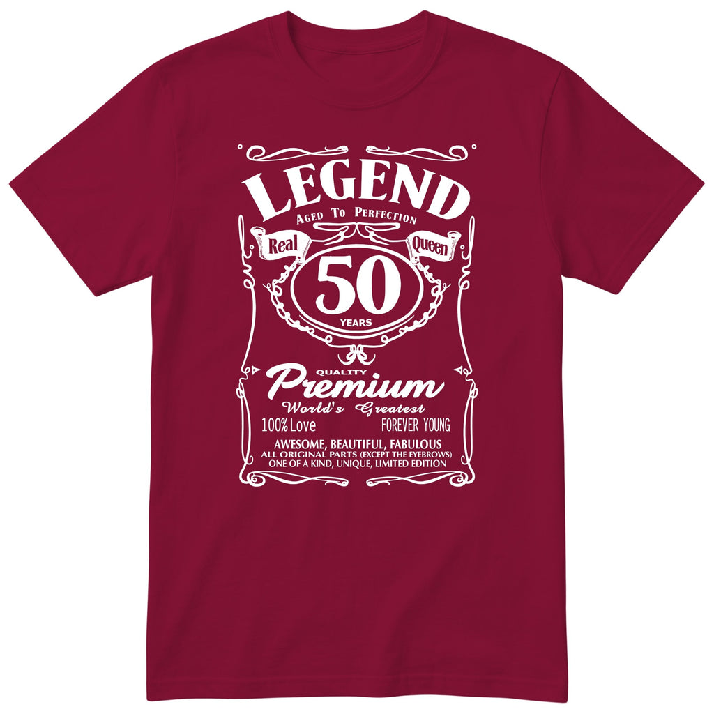 Legend Real Queen 50th birthday t-shirt for women in burgundy - Gildan 64000 vintage label