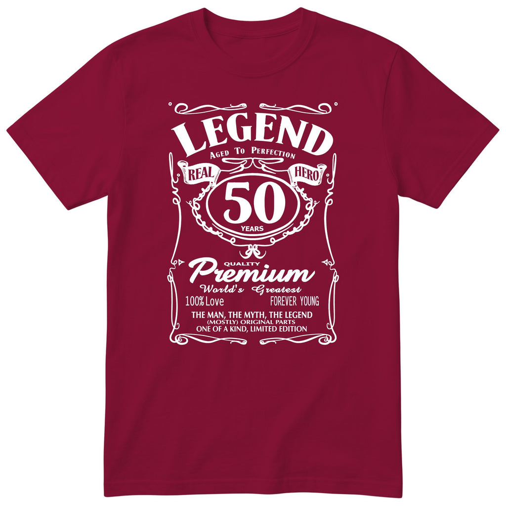 Legend 50th Birthday T-Shirt - Retro Label Gift for Him - Burgundy