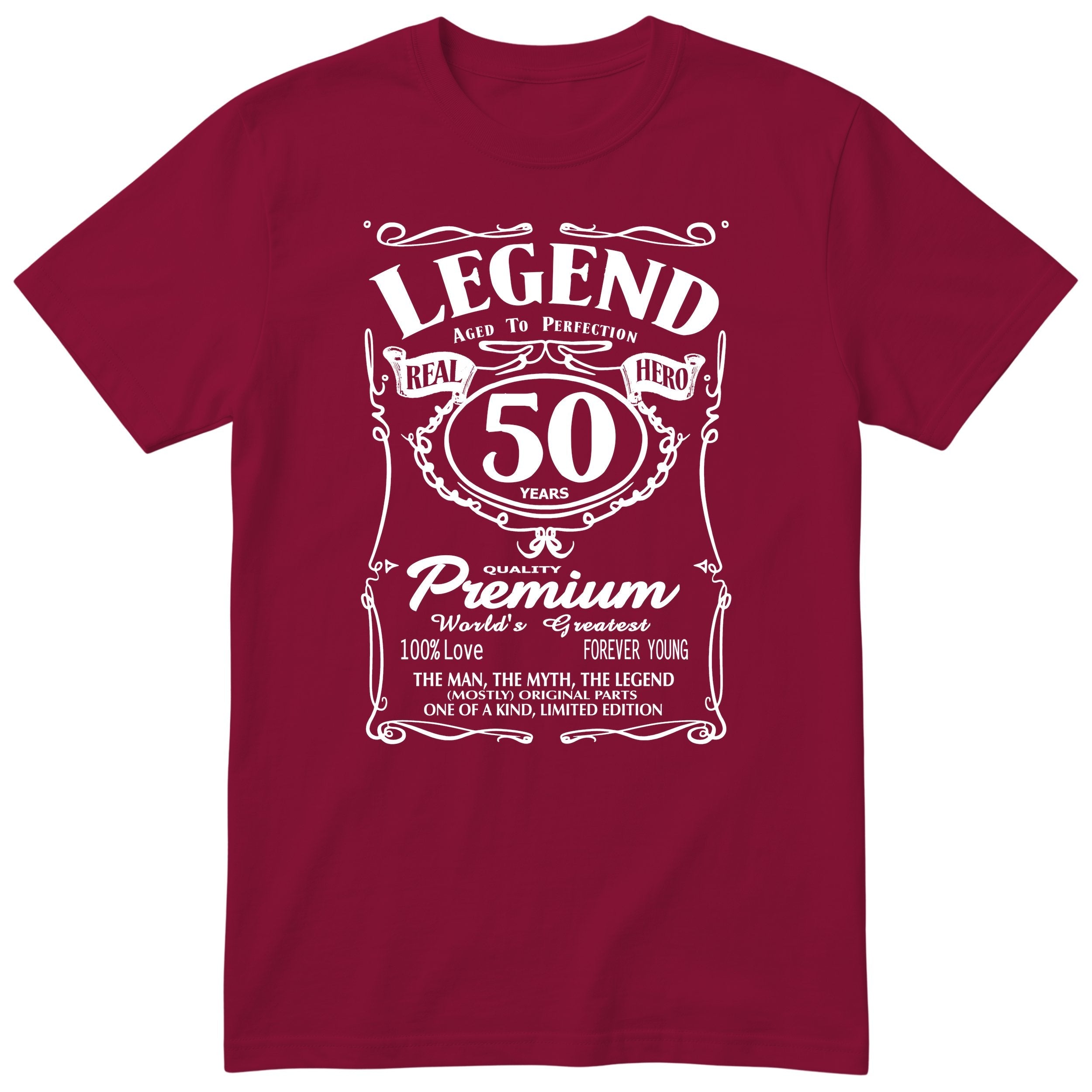 Legend 50th Birthday T-Shirt - Retro Label Gift for Him - Burgundy