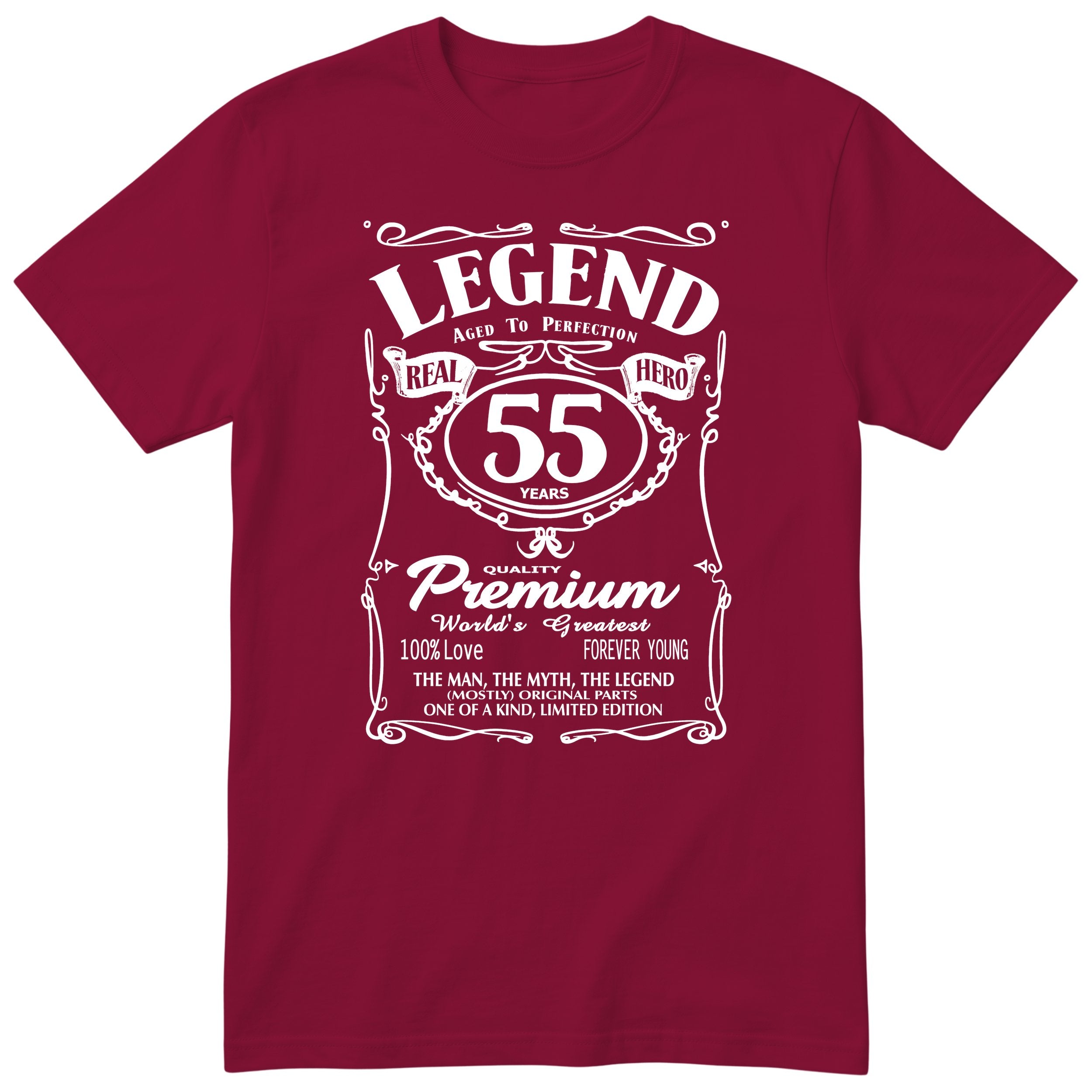 Legend 55th Birthday T-Shirt - Retro Label Gift for Him - Burgundy