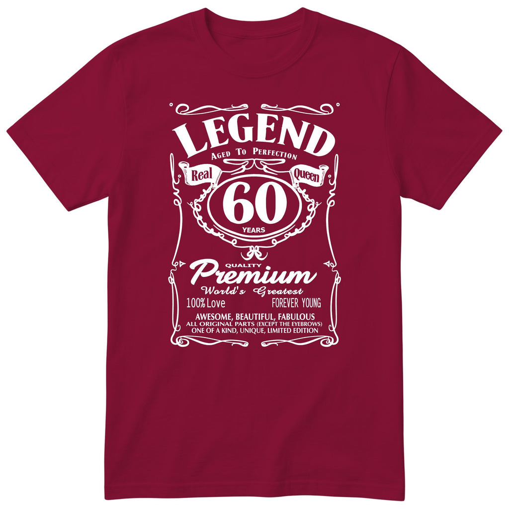 Legend Real Queen 60th birthday t-shirt for women in burgundy - Gildan 64000 vintage label