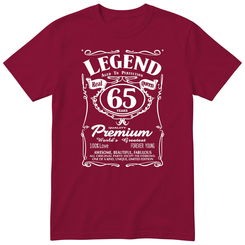 Legend Real Queen 65th birthday t-shirt for women in burgundy - Gildan 64000 vintage label