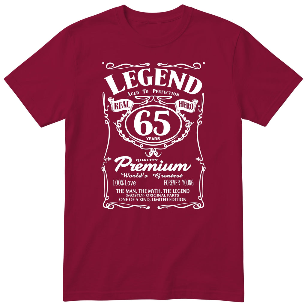 Legend 65th Birthday T-Shirt - Retro Label Gift for Dad - Burgundy